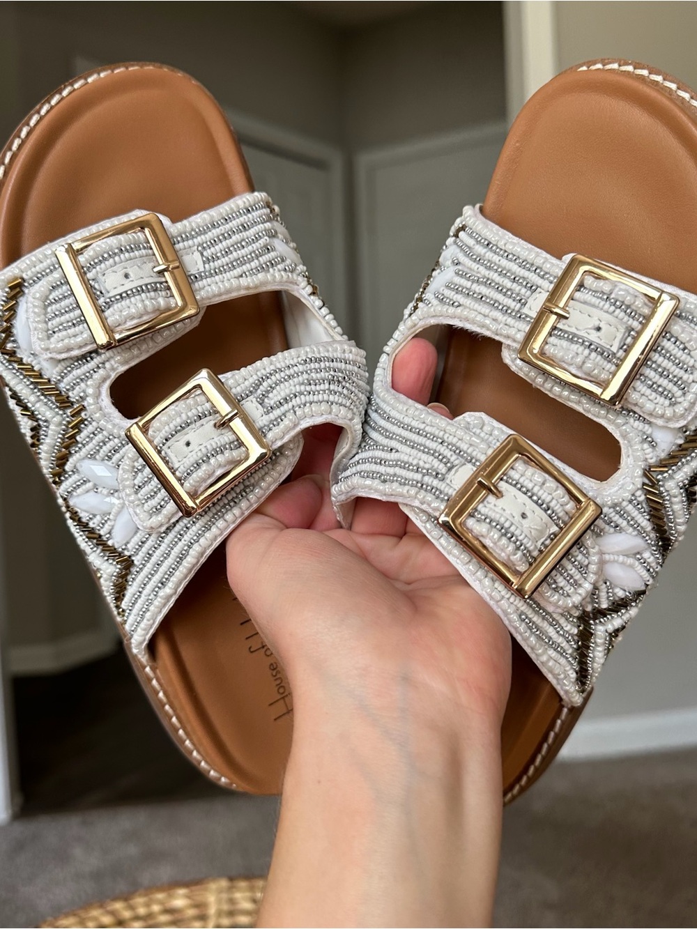 House of Harlow 1960 White Beaded Double-Buckle Slide Sandals Women’s US 6.5 - Picture 12 of 14